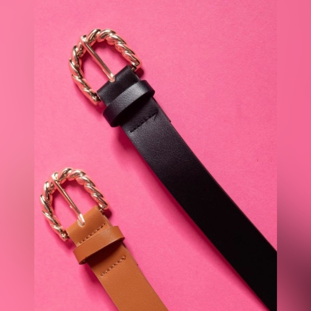 New 2 Twisted Textured Buckle Duo Belts - Black Belt/ Cognac Belt -Gold Buckles